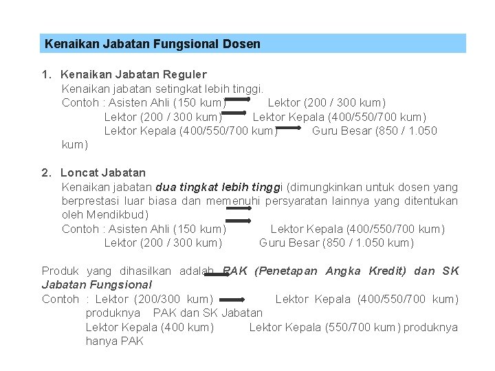 Kenaikan Jabatan Fungsional Dosen 1. Kenaikan Jabatan Reguler Kenaikan jabatan setingkat lebih tinggi. Contoh