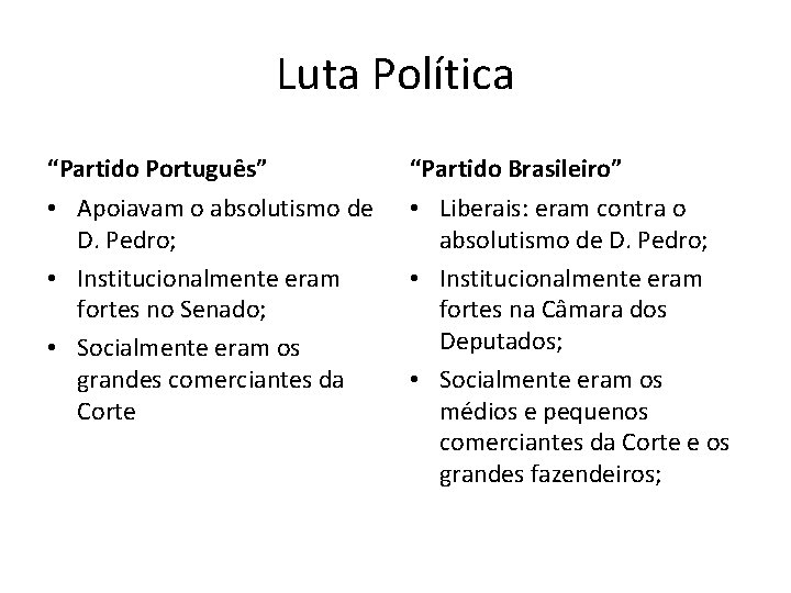 Luta Política “Partido Português” “Partido Brasileiro” • Apoiavam o absolutismo de D. Pedro; •