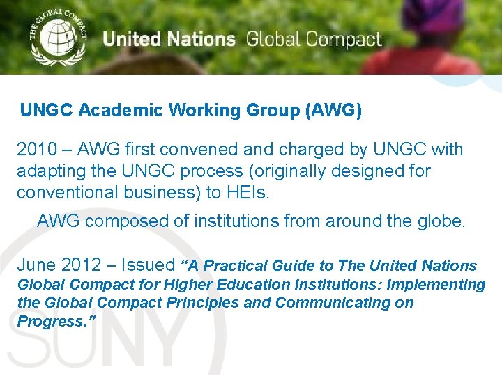 Title UNGC Academic Working Group (AWG) 2010 – AWG first convened and charged by