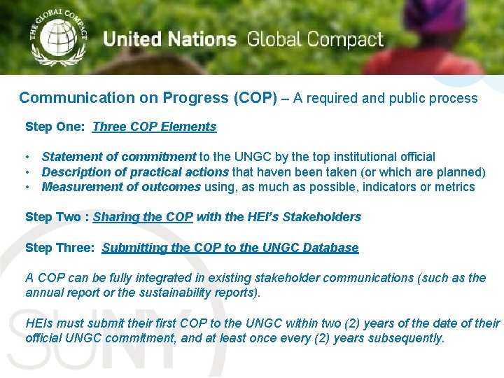 Title Communication on Progress (COP) – A required and public process Step One: Three