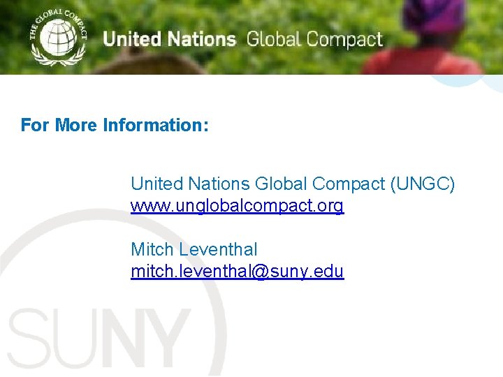 Title For More Information: United Nations Global Compact (UNGC) www. unglobalcompact. org Mitch Leventhal