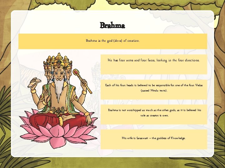 Brahma is the god (deva) of creation. He has four arms and four faces,