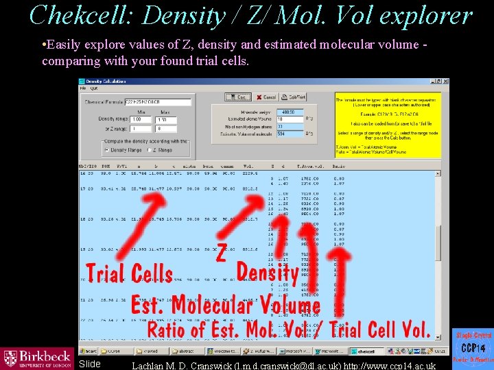 Chekcell: Density / Z/ Mol. Vol explorer • Easily explore values of Z, density