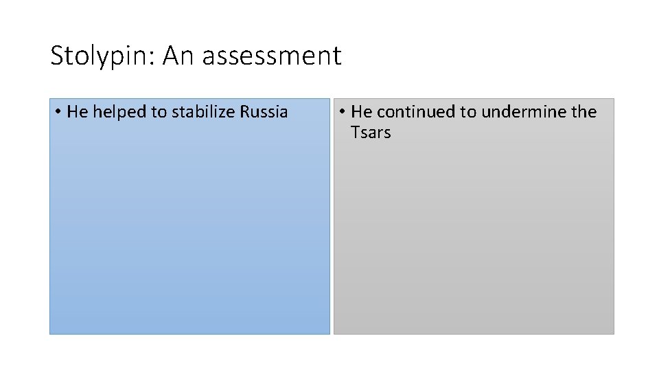 Stolypin: An assessment • He helped to stabilize Russia • He continued to undermine