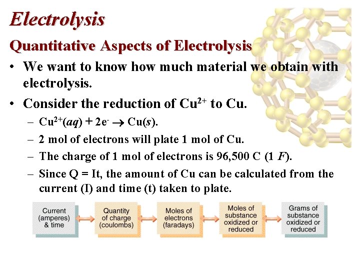 Electrolysis Quantitative Aspects of Electrolysis • We want to know how much material we