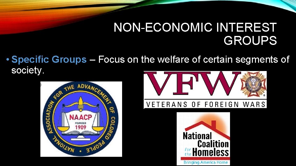 NON-ECONOMIC INTEREST GROUPS • Specific Groups – Focus on the welfare of certain segments