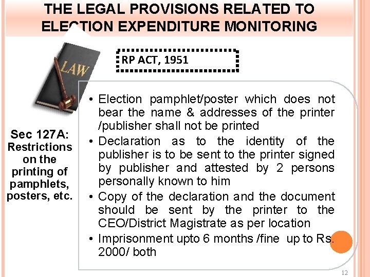 THE LEGAL PROVISIONS RELATED TO ELECTION EXPENDITURE MONITORING RP ACT, 1951 Sec 127 A: