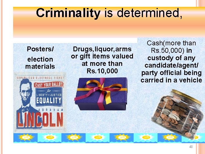 Criminality is determined, Posters/ election materials Drugs, liquor, arms or gift items valued at