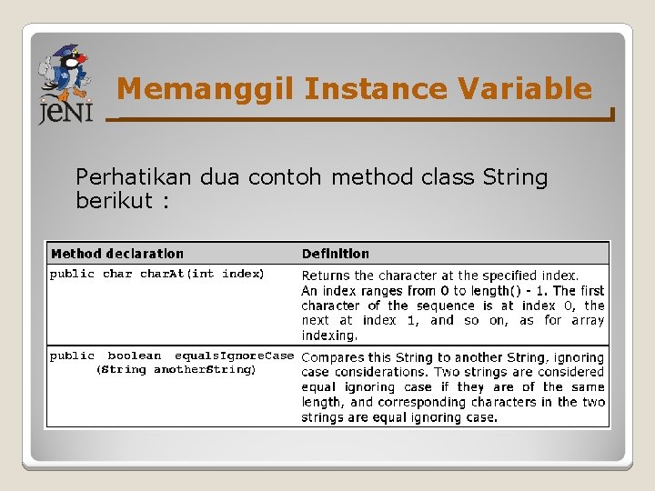 Memanggil Instance Variable Perhatikan dua contoh method class String berikut : 