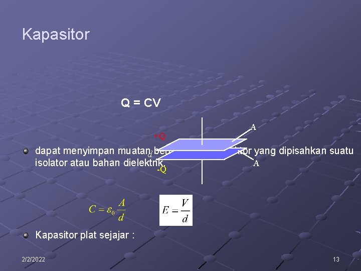 Kapasitor Q = CV +Q A dapat menyimpan muatand berupa dua konduktor yang dipisahkan