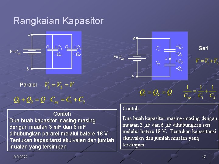 Rangkaian Kapasitor a a C 1 V=Vab +Q 1 C 2 +Q 2 -