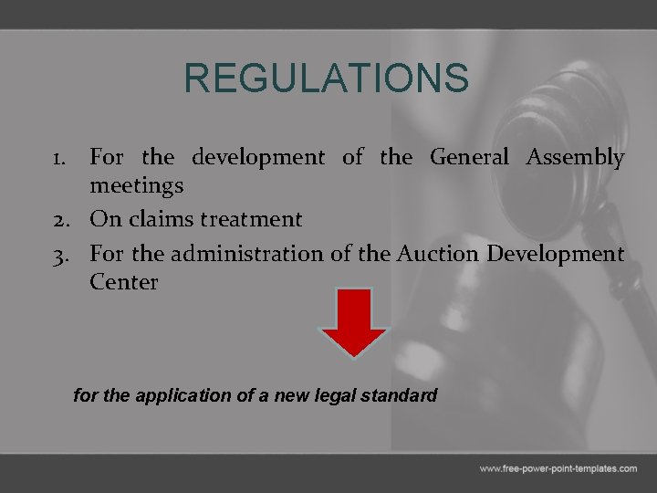 REGULATIONS 1. For the development of the General Assembly meetings 2. On claims treatment