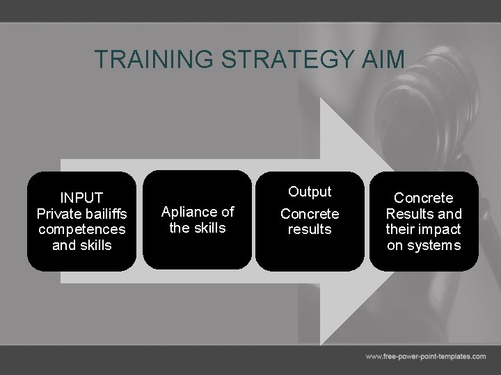 TRAINING STRATEGY AIM INPUT Private bailiffs competences and skills Apliance of the skills Output