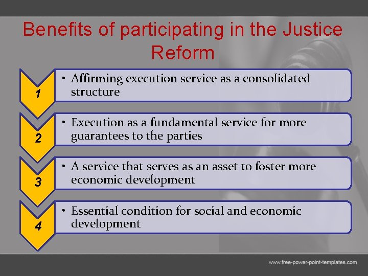 Benefits of participating in the Justice Reform 1 • Affirming execution service as a