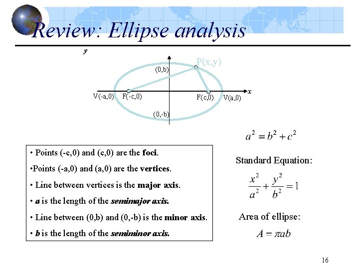 Review: Ellipse analysis y (0, b) V(-a, 0) F(-c, 0) P(x, y) F(c, 0)