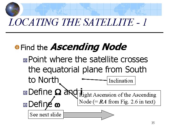 LOCATING THE SATELLITE - 1 Find the Ascending Node Point where the satellite crosses