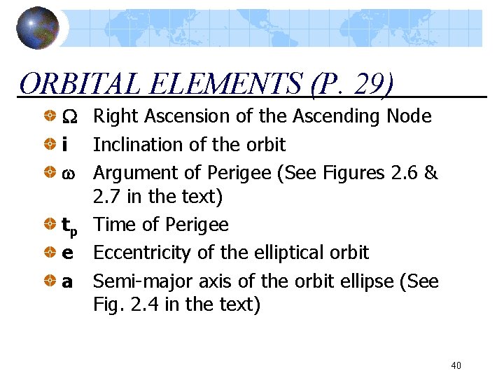 ORBITAL ELEMENTS (P. 29) Right Ascension of the Ascending Node i Inclination of the