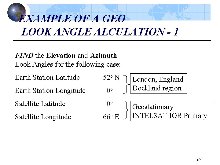 EXAMPLE OF A GEO LOOK ANGLE ALCULATION - 1 FIND the Elevation and Azimuth