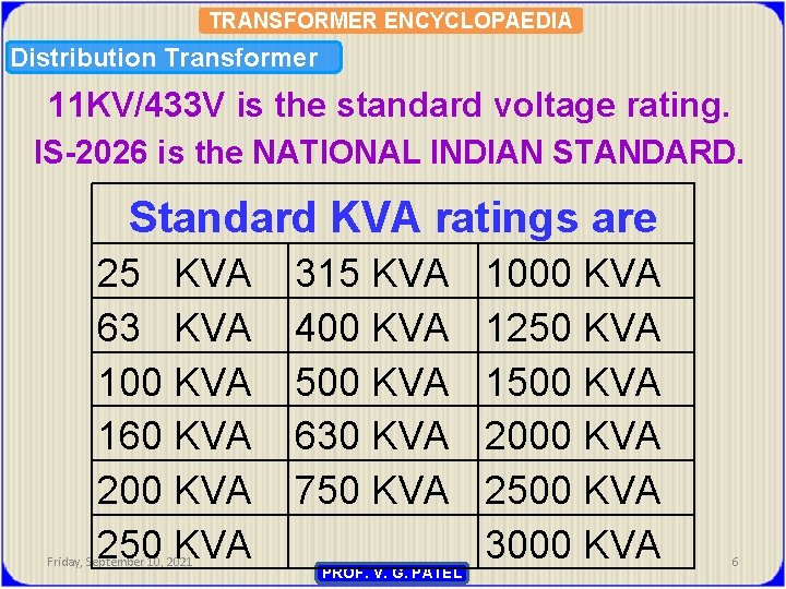 TRANSFORMER ENCYCLOPAEDIA Distribution Transformer 11 KV/433 V is the standard voltage rating. IS-2026 is