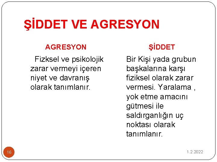 ŞİDDET VE AGRESYON 16 AGRESYON ŞİDDET Fizksel ve psikolojik zarar vermeyi içeren niyet ve