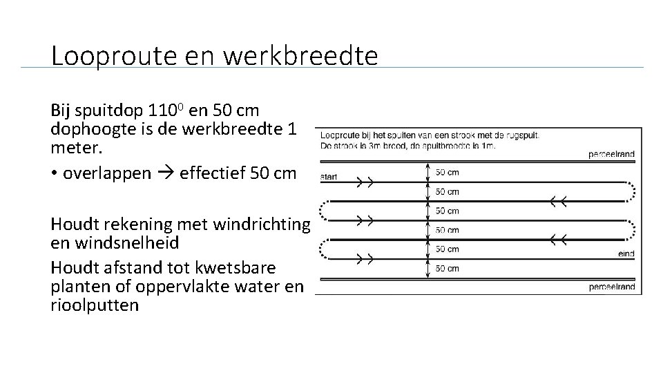 Looproute en werkbreedte Bij spuitdop 1100 en 50 cm dophoogte is de werkbreedte 1