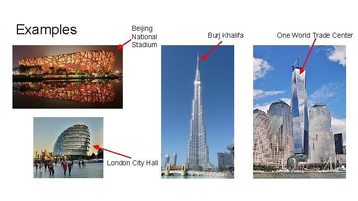 Examples Beijing National Stadium London City Hall Burj Khalifa One World Trade Center 