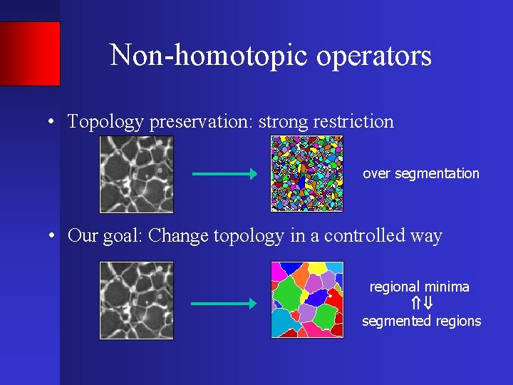 Non-homotopic operators • Topology preservation: strong restriction over segmentation • Our goal: Change topology