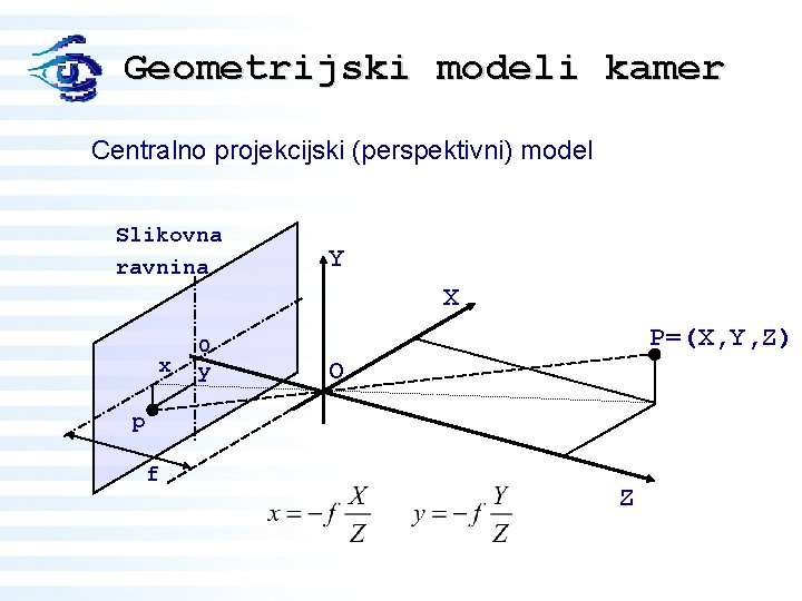 Geometrijski modeli kamer Centralno projekcijski (perspektivni) model Slikovna ravnina Y X x o y