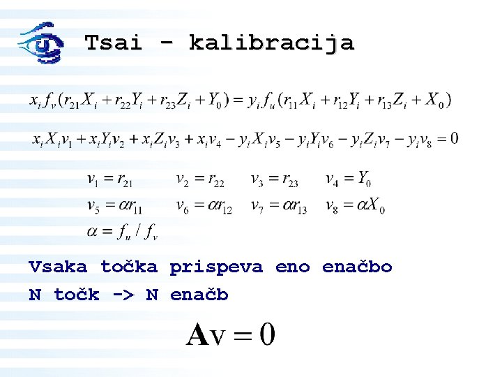 Tsai - kalibracija Vsaka točka prispeva eno enačbo N točk -> N enačb 