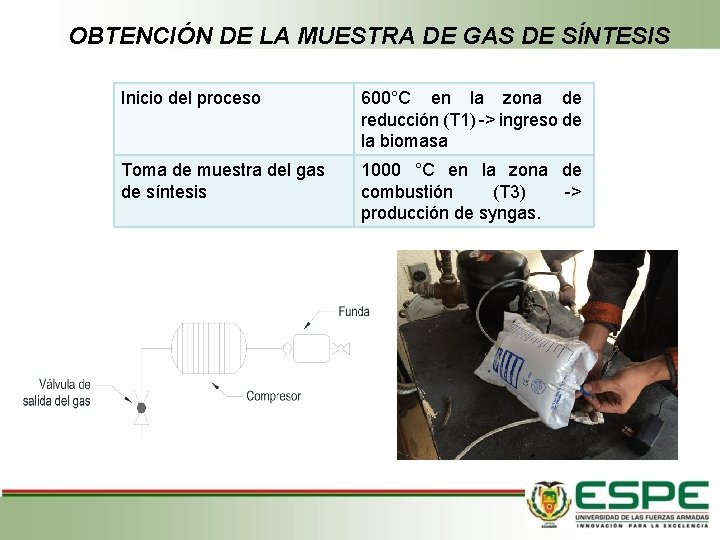 OBTENCIÓN DE LA MUESTRA DE GAS DE SÍNTESIS Inicio del proceso 600°C en la