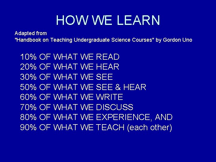 HOW WE LEARN Adapted from "Handbook on Teaching Undergraduate Science Courses" by Gordon Uno