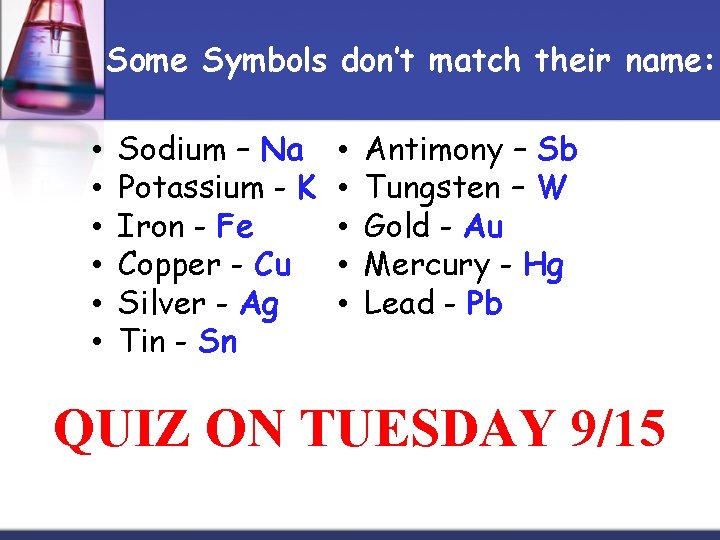Some Symbols don’t match their name: • • • Sodium – Na Potassium -