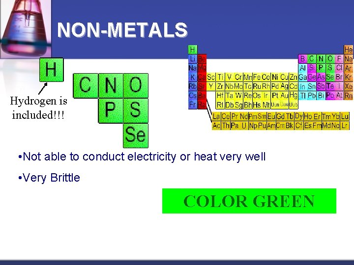 NON-METALS Hydrogen is included!!! • Not able to conduct electricity or heat very well