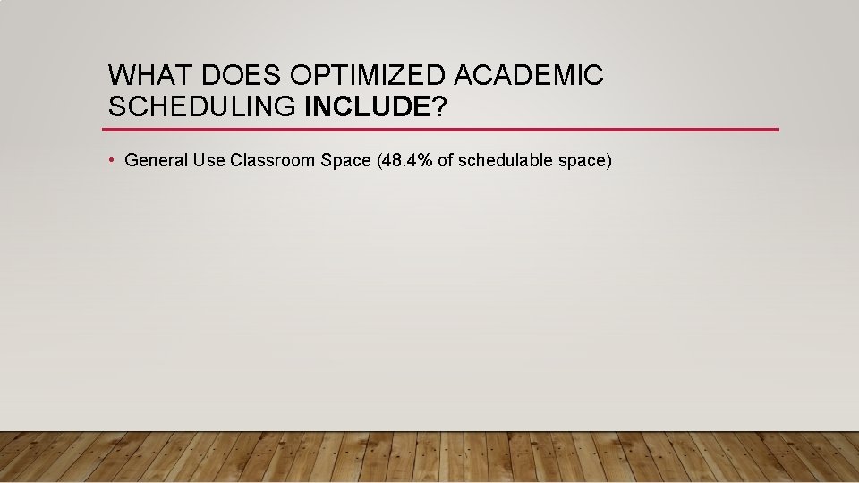 WHAT DOES OPTIMIZED ACADEMIC SCHEDULING INCLUDE? • General Use Classroom Space (48. 4% of