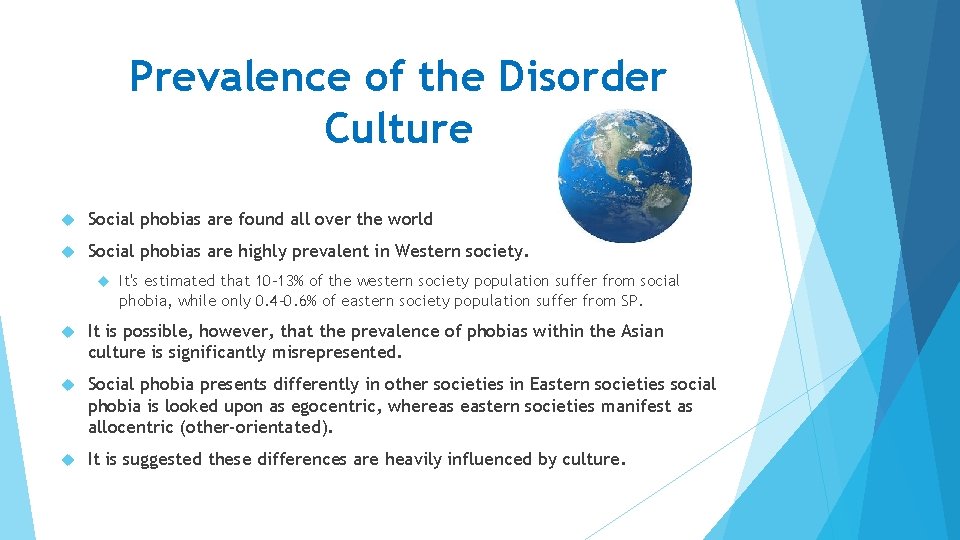 Prevalence of the Disorder Culture Social phobias are found all over the world Social Prevalence of the Disorder Culture Social phobias are found all over the world Social