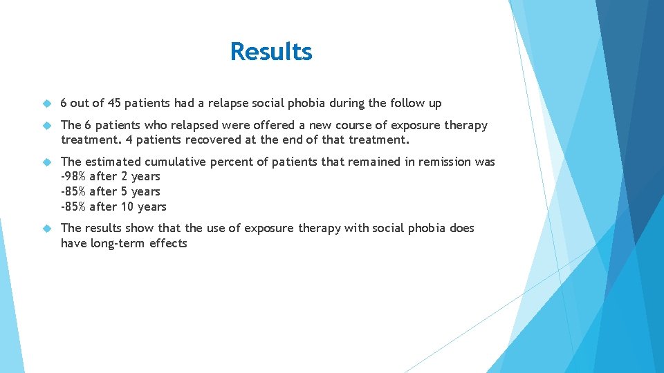 Results 6 out of 45 patients had a relapse social phobia during the follow Results 6 out of 45 patients had a relapse social phobia during the follow