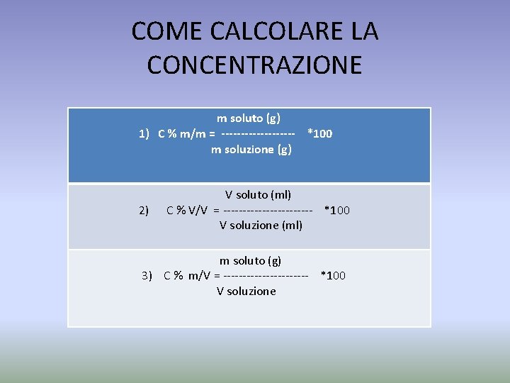 COME CALCOLARE LA CONCENTRAZIONE m soluto (g) 1) C % m/m = ---------- *100