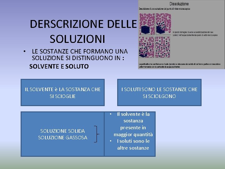 DERSCRIZIONE DELLE SOLUZIONI • LE SOSTANZE CHE FORMANO UNA SOLUZIONE SI DISTINGUONO IN :