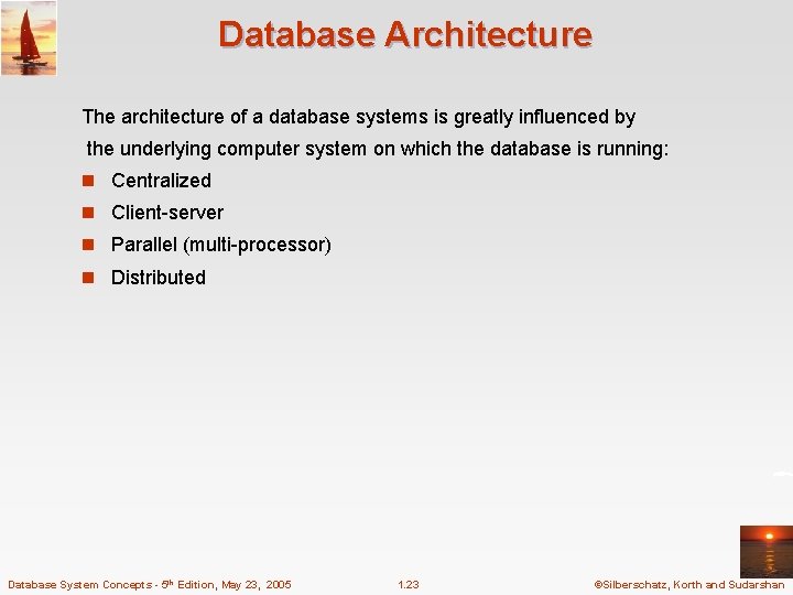 Database Architecture The architecture of a database systems is greatly influenced by the underlying Database Architecture The architecture of a database systems is greatly influenced by the underlying