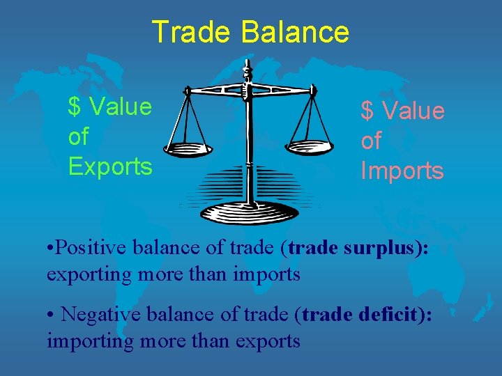 Trade Balance $ Value of Exports $ Value of Imports • Positive balance of