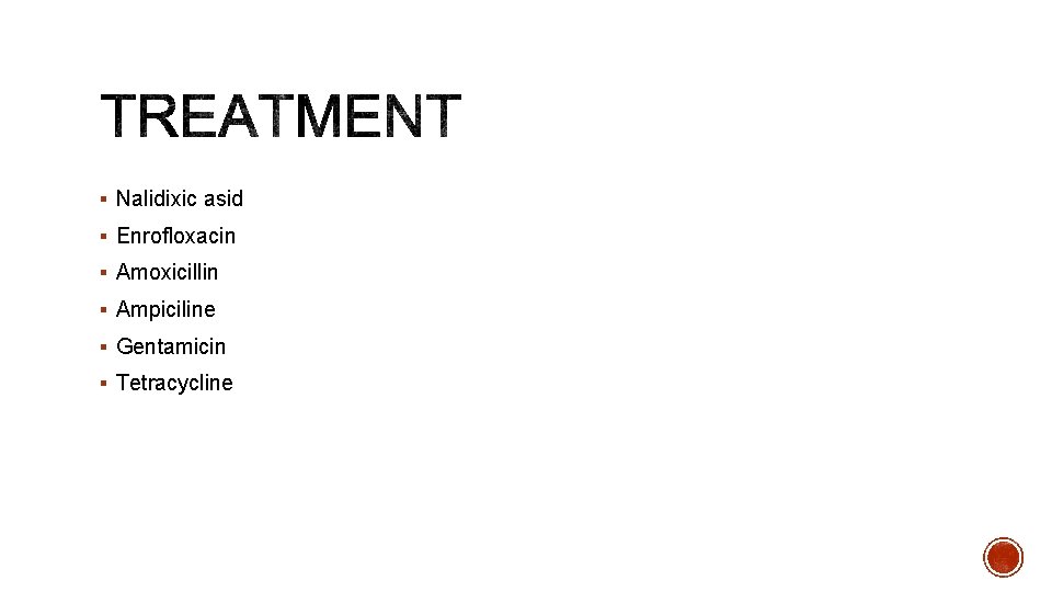 § Nalidixic asid § Enrofloxacin § Amoxicillin § Ampiciline § Gentamicin § Tetracycline 