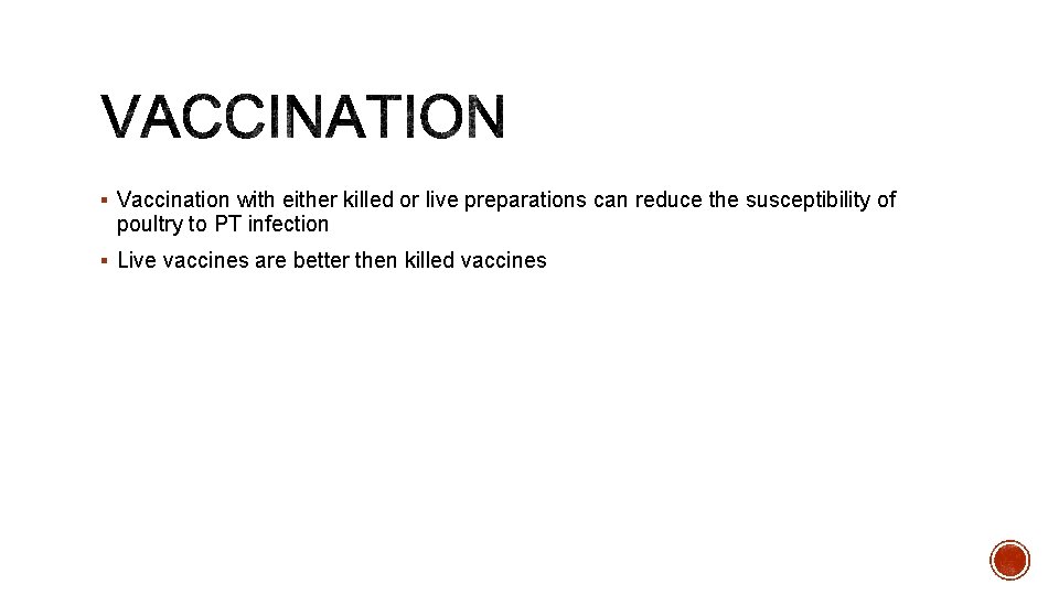 § Vaccination with either killed or live preparations can reduce the susceptibility of poultry