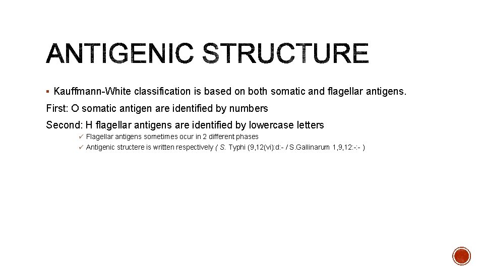 § Kauffmann-White classification is based on both somatic and flagellar antigens. First: O somatic