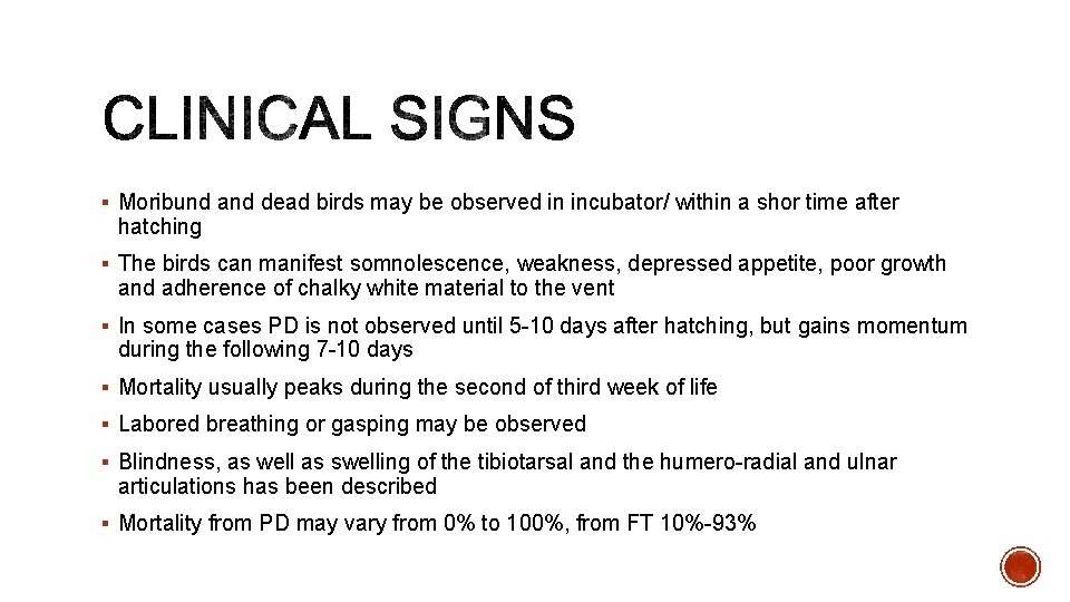 § Moribund and dead birds may be observed in incubator/ within a shor time