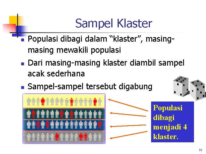 Sampel Klaster n n n Populasi dibagi dalam “klaster”, masing mewakili populasi Dari masing-masing