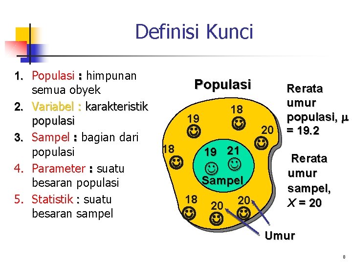 Definisi Kunci 1. Populasi : himpunan semua obyek 2. Variabel : karakteristik populasi 3.