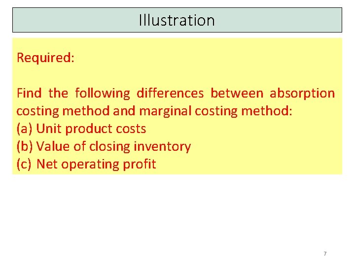 Illustration Required: Find the following differences between absorption costing method and marginal costing method: