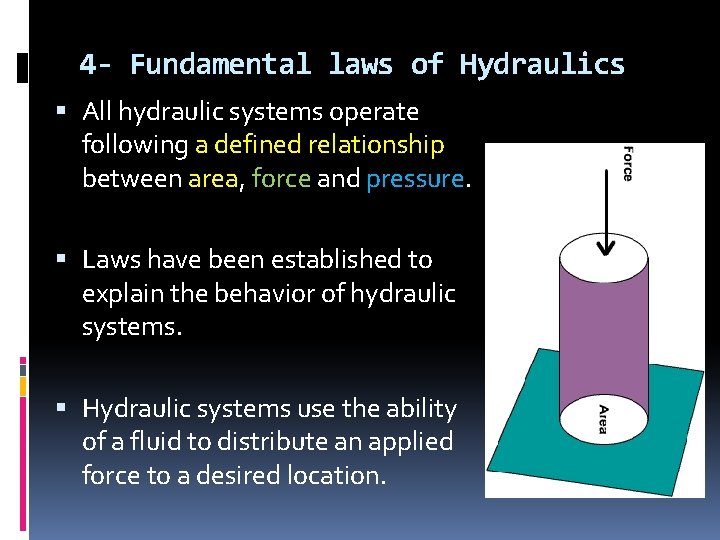 4 - Fundamental laws of Hydraulics All hydraulic systems operate following a defined relationship