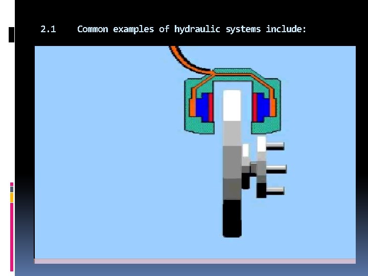 2. 1 Common examples of hydraulic systems include: 