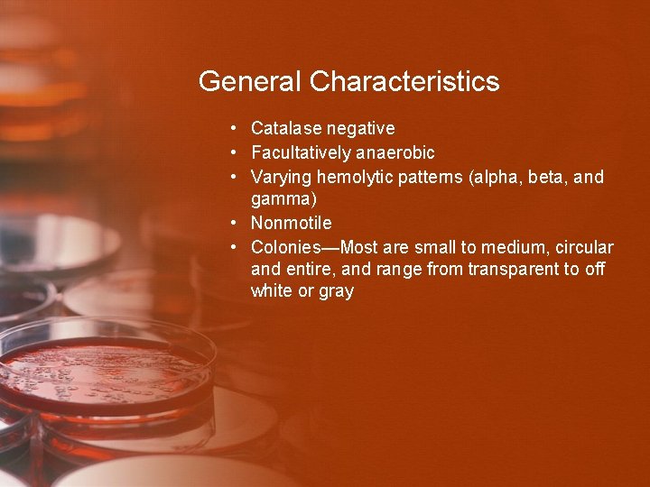 General Characteristics • Catalase negative • Facultatively anaerobic • Varying hemolytic patterns (alpha, beta,